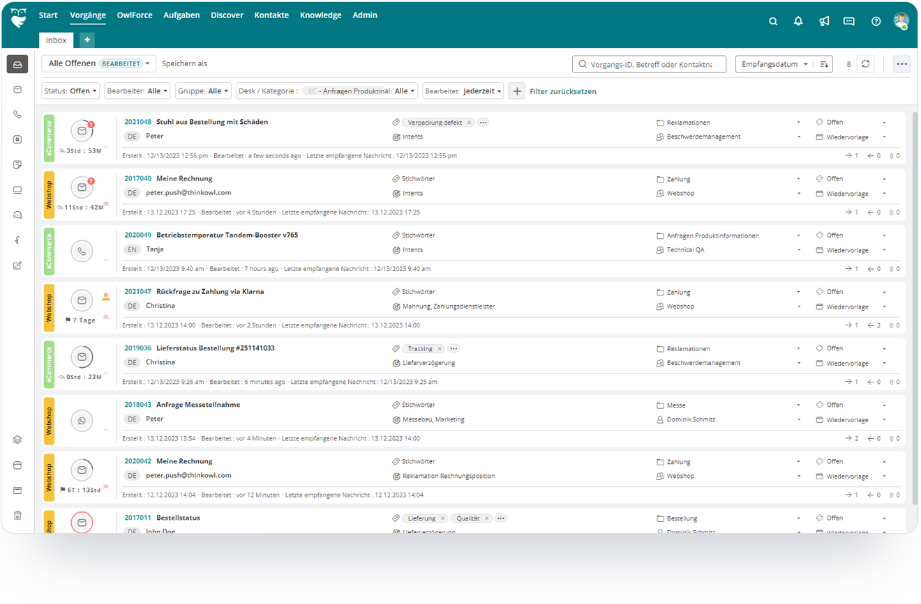 OwlDesk Inbox Überblick